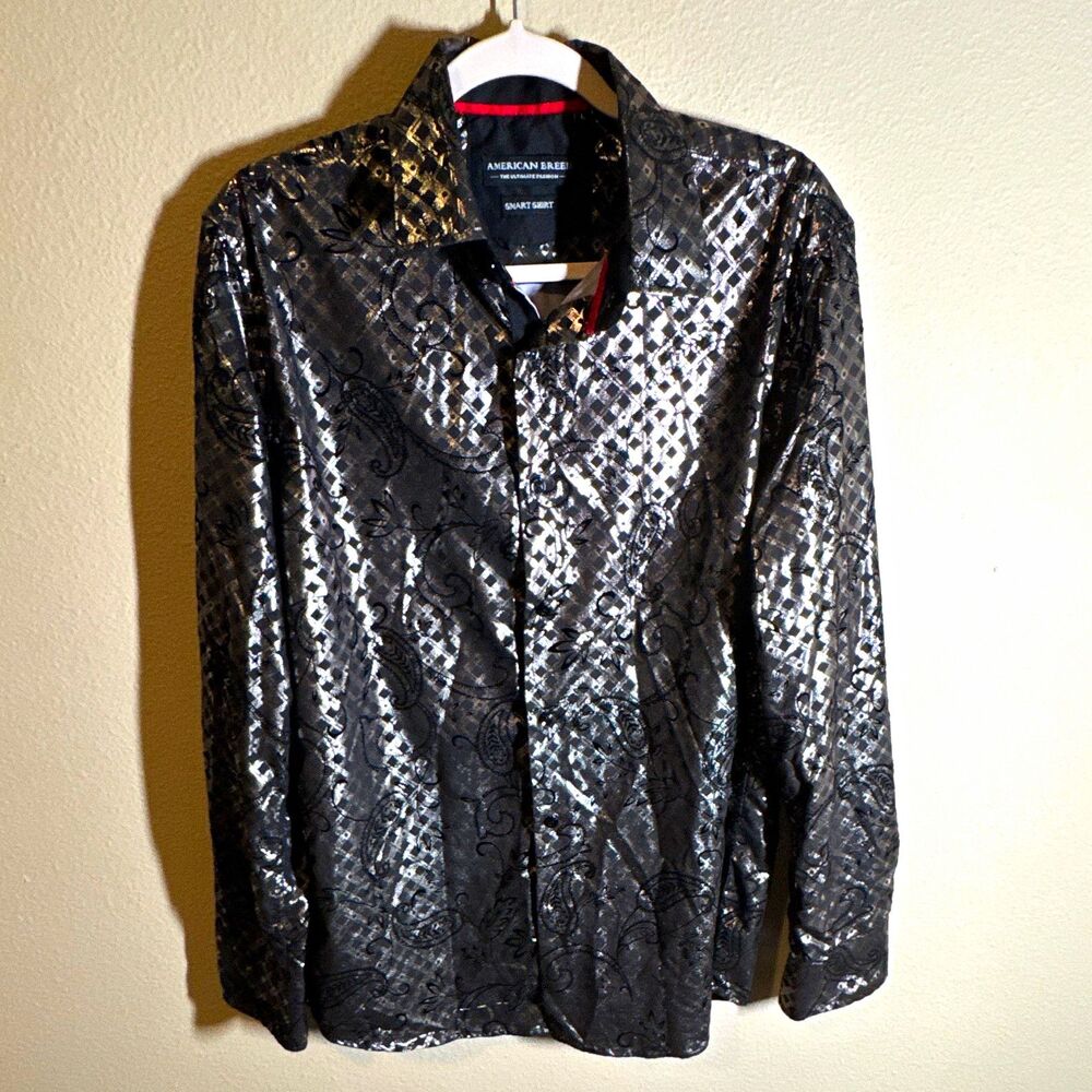 American Breed Smart Shirt Men’s Button-Up Size L Black/Silver Paisley LS